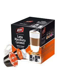 Café René Latte Macchiato Caramel Packung und Kapsel für Dolce Gusto
