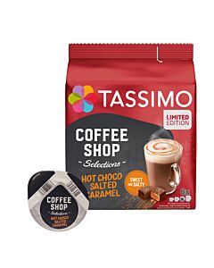 Coffee Shop Selections Hot Choco Salted Caramel package and capsule for Tassimo